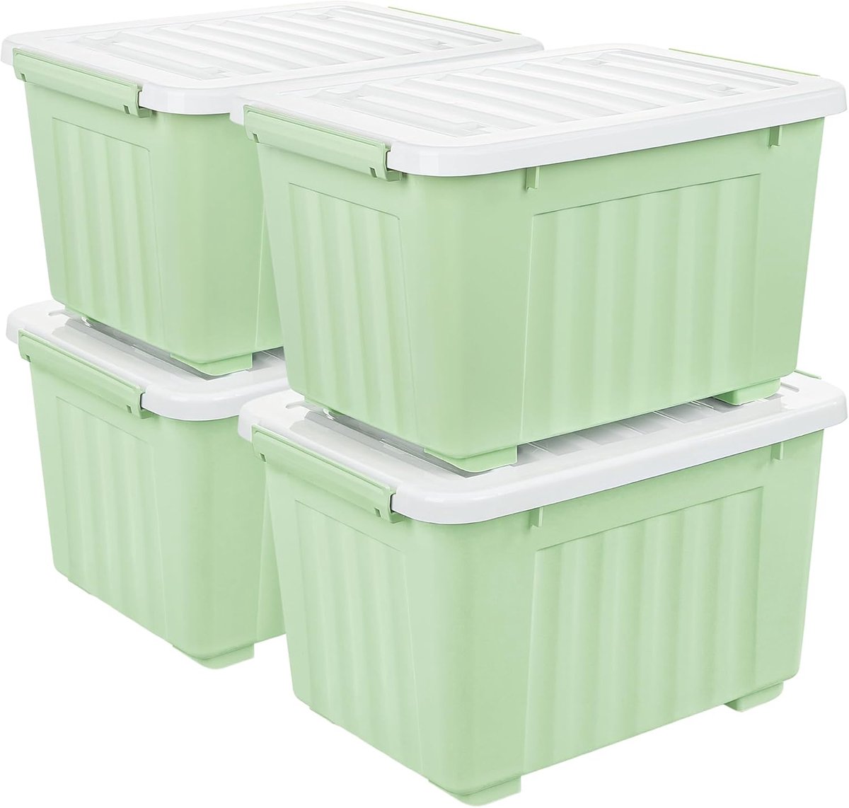 35L x 4 opbergdozen met deksels, plastic opbergdoos met wielen en veilige zijvergrendelingen, stapelbare en nestbare organizer voor thuis, kantoor, verhuizen, PP, groen, 35L-4 Pack