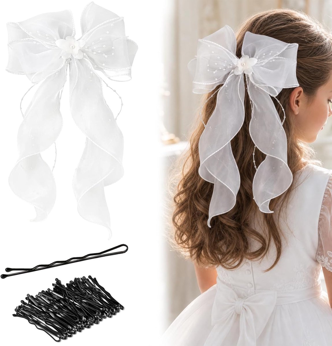 Haaraccessoires voor communie, witte parelhoofdtooi voor meisjes, zacht textielmateriaal, met strik, witte strik, parelhoofddeksel voor vrouwen, meisjes, bruiloften, verjaardagsfeesten