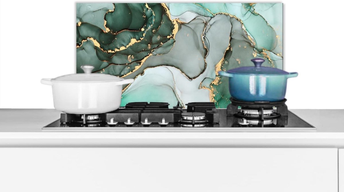Spatscherm Keuken - 60x30 cm - Goud - Marmer - Groen - Luxe - Marmerlook - Grijs