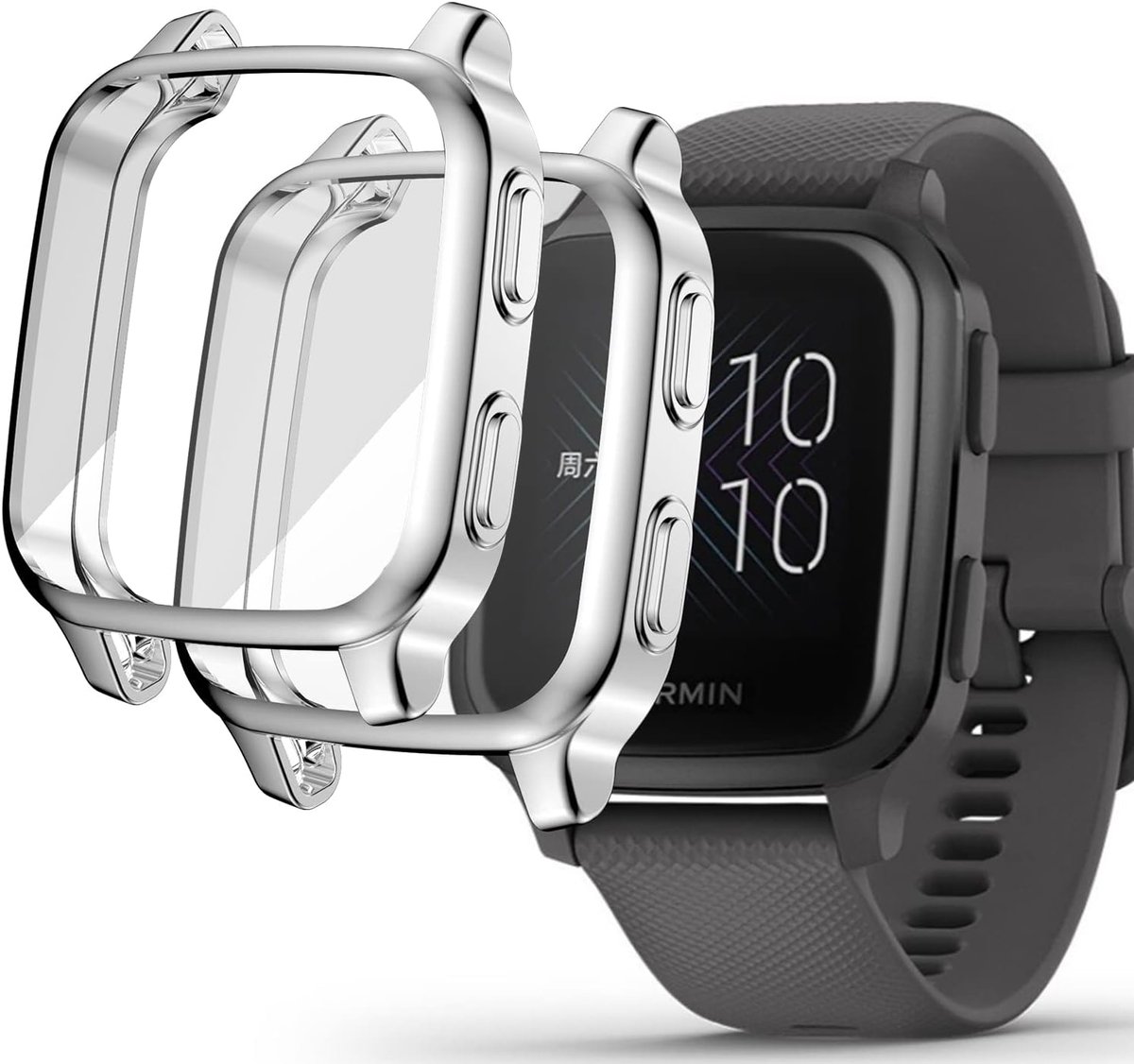 [2 Pieces] Compatible with Garmin Venu Sq 2/Sq/Sq Music Case, Silver All-round Protective Case with Screen Protector - ShopVlot
