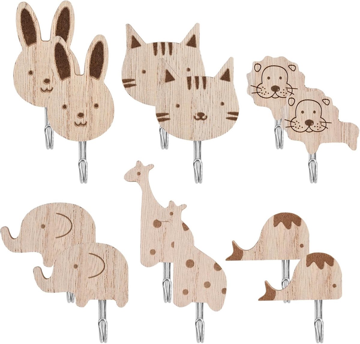 Set van 12 Zelfklevende Houten Haakjes in Schattige Dierenvormen voor Kinderkamers, Badkamers en Keukens - Ideaal voor Kleding, Handdoeken en Hoeden