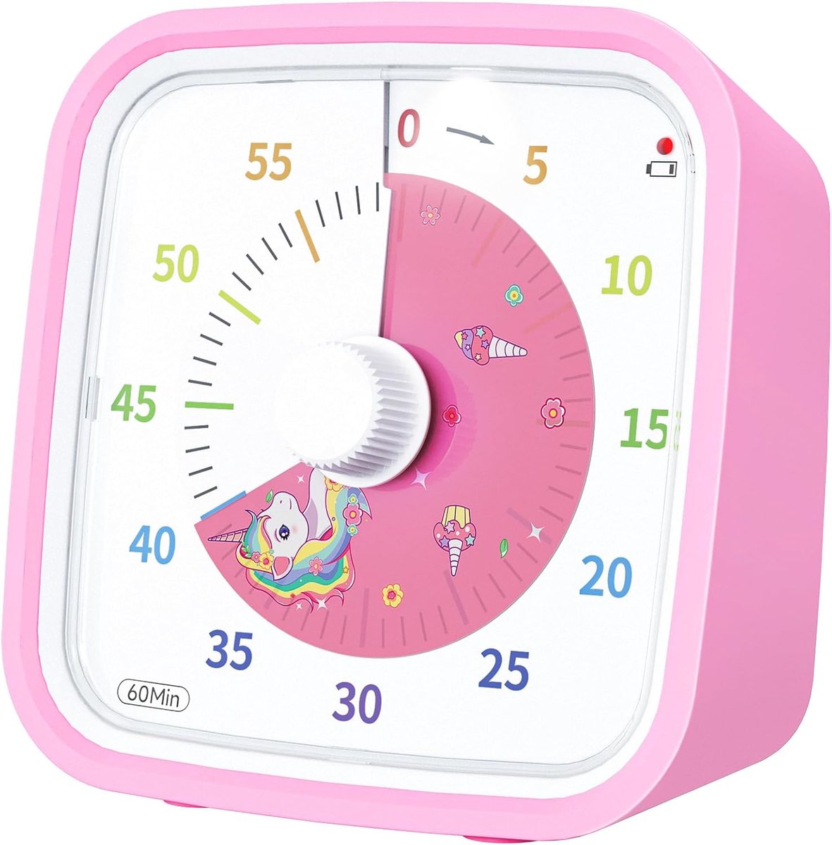 Visuele timer met beschermhoes, 60 minuten countdown voor kinderen en volwassenen, met herinnering bij laag batterijniveau, tijdmanagementgereedschap (roze eenhoorn)