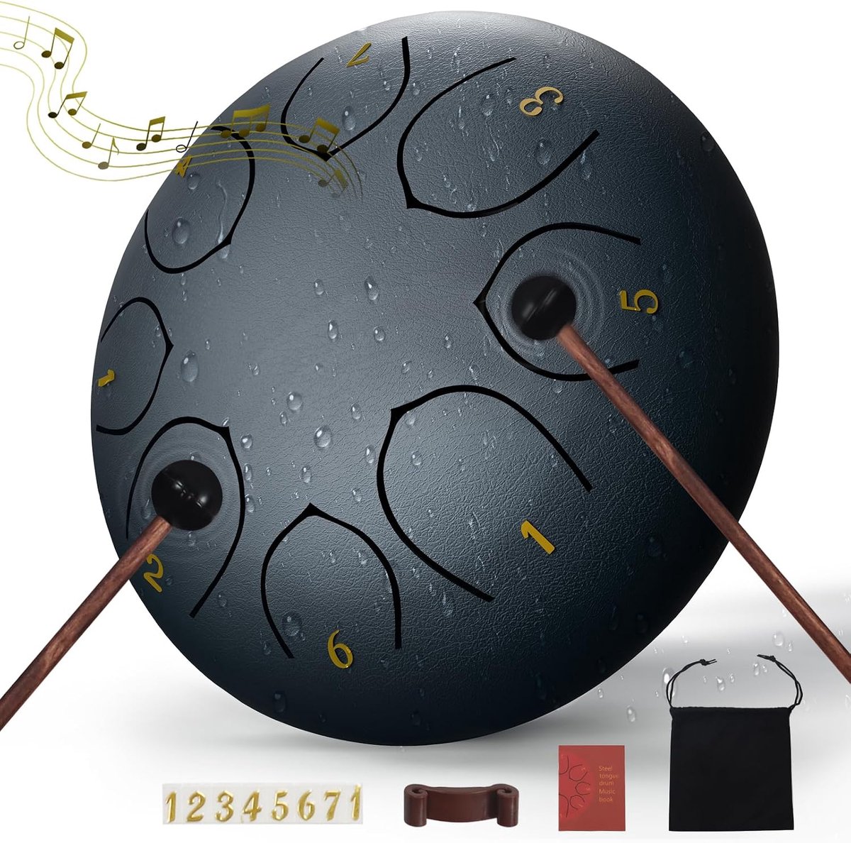 Tongdrum, 15,2 cm, 8 tonen, regentrommel, percussie-instrument voor buiten, inclusief slagstokjes, muziekboek en zachte draagtas , eenvoudig te bespelen, ideaal voor beginners en muziekcadeau