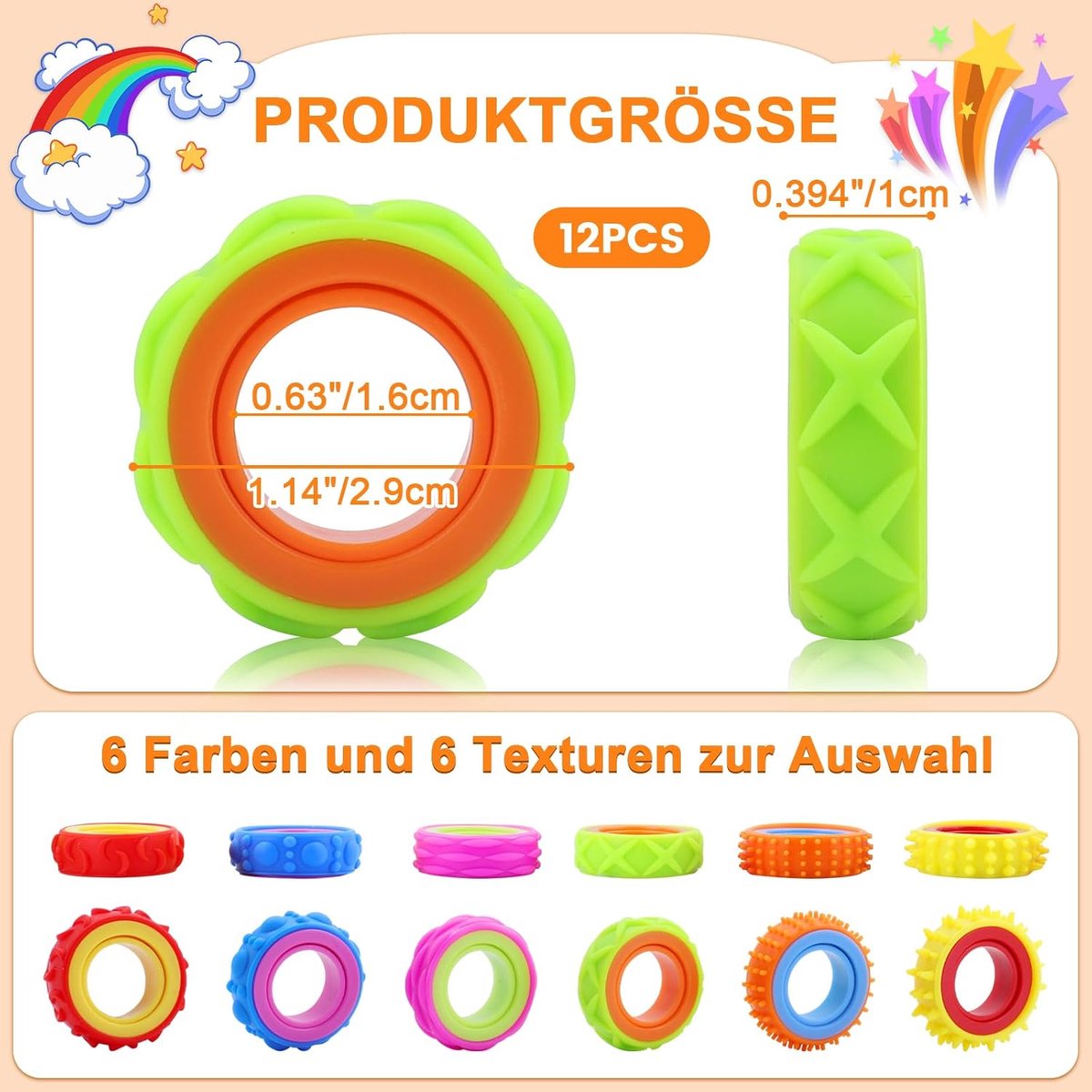 Fidget Ring Toys voor kinderen en volwassenen, 12 sensorische speelgoed massageringen