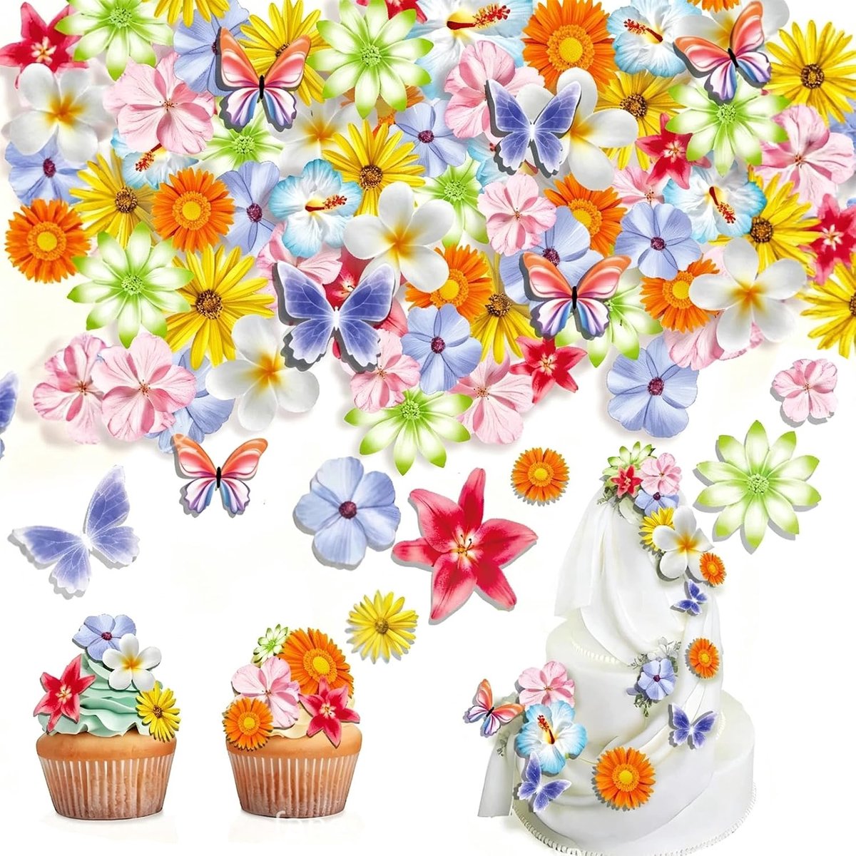 Eetbare bloemen voor cupcakes, bloemen en vlinders, eetbare bloemen voor taart, taartdecoratie, lijm, rijstpapier, decoratieve taart voor bruiloften, verjaardagen
