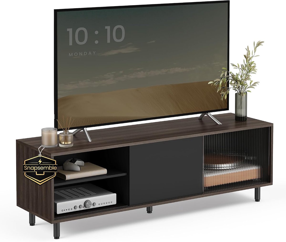 TV meubel 140 x 39 x 45 cm, snel monteren zonder gereedschap, ribbelglas, asbruin/zwart - Industrohome
