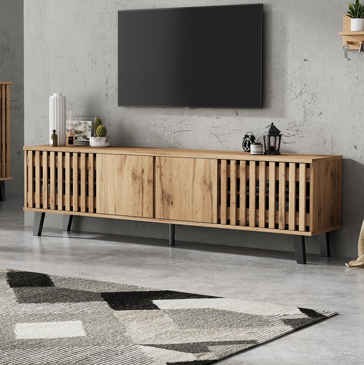 WUVRIE TV-meubel 180x40x55 cm - 4 deuren, 8 opbergvakken en open platform - Naturel/zwart Natuurlijke houtkleur