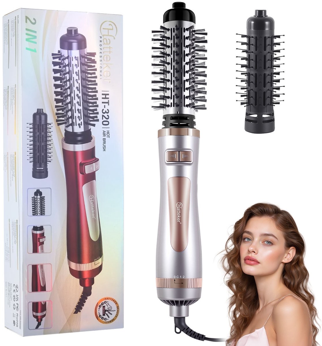 HATTEKER Thermal Brush 2-in-1 - Warmluchtborstel - Roterende Föhnborstel - Voor Krullen en Glad Haar - Zilver