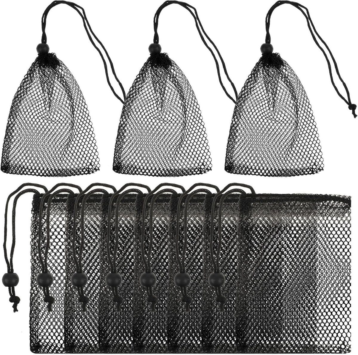 Set van 10 Zwarte Mesh Tassen met Trekkoord - Kleine Tas voor Mini Spullen, Accessoires en Oordopjes (15 x 10 cm)