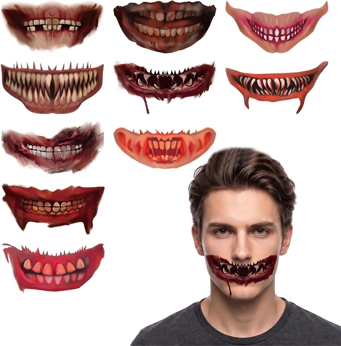 Tijdelijke gezichtstatoeages, realistische griezelige mond-stickers voor horror-make-up, griezelige bloedige zombie, vampierlittekens voor volwassenen en