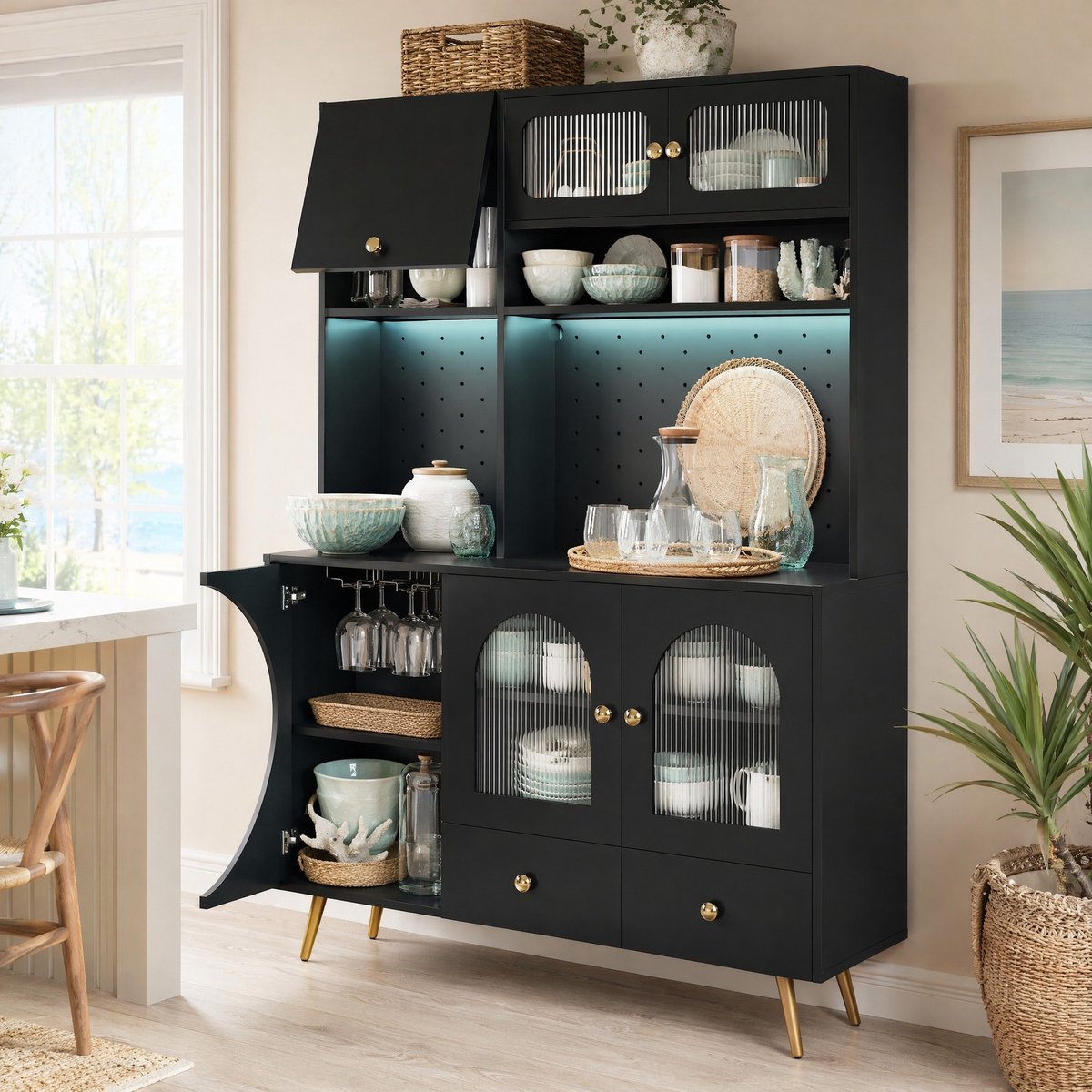 WUVRIE Hoge keukenkast 120x40x176 cm - LED, stopcontacten en USB - Glazen planken - Zwart