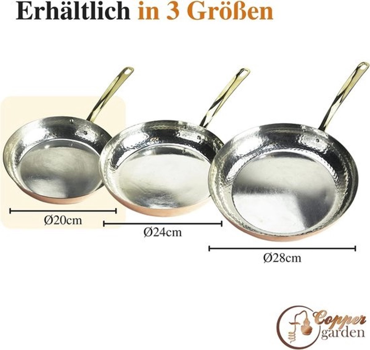 Copper Garden koperen pan 20 cm met steel - Met tin gecoate braadpan voor ideale warmtegeleiding en -verdeling - Vaatwasmachinebestendig, robuust en 100% geschikt voor levensmiddelen