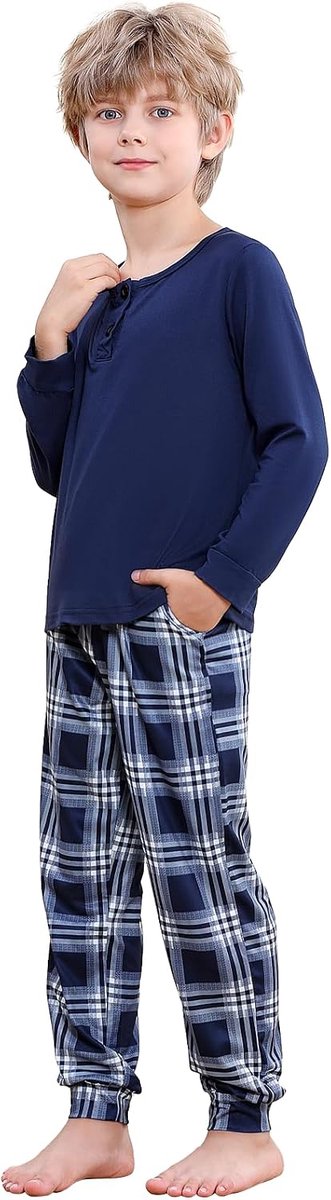 Pyjama jongens lange mouwen tweedelige pyjama met 2 zakken winter kinderpyjama set shirt met lange mouwen en geruite broek met trekkoord voor jongens 6-15 jaar