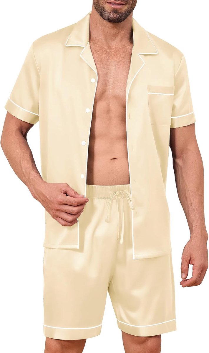 Zijden pyjama voor heren, set van satijnen zijde, tweedelige pyjama met korte mouwen, loungewear met knopen en zakken