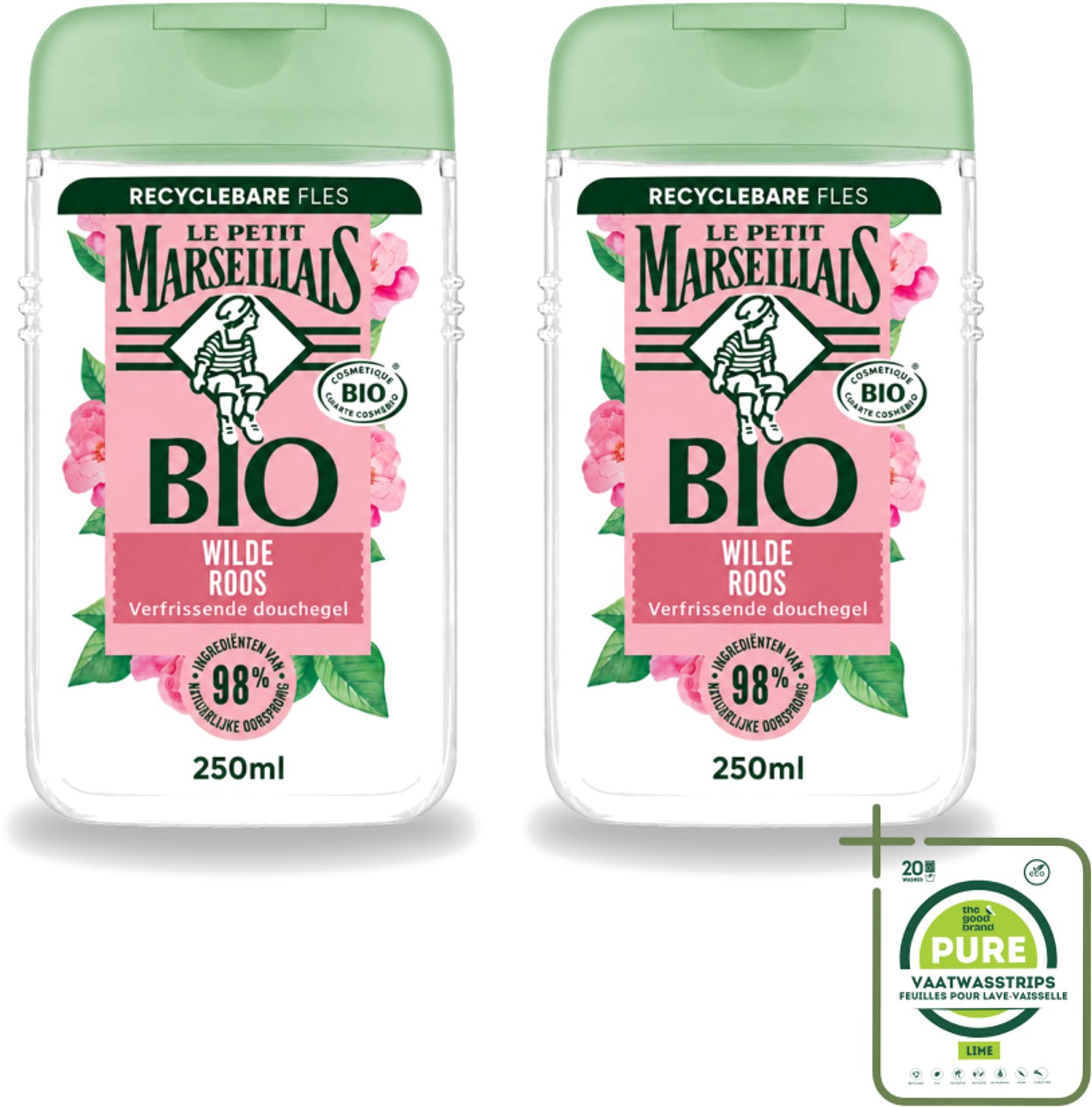 2 x Le Petit Marseillais – Douchegel – Bio Wilde Roos – Verfrissend – 250 ml - Grootverpakking - Vaatwasstrips - Douchegel - Bio Rozenbottel - Frisse Douchegel - Natuurlijke Douchegel - Zachte Reiniging