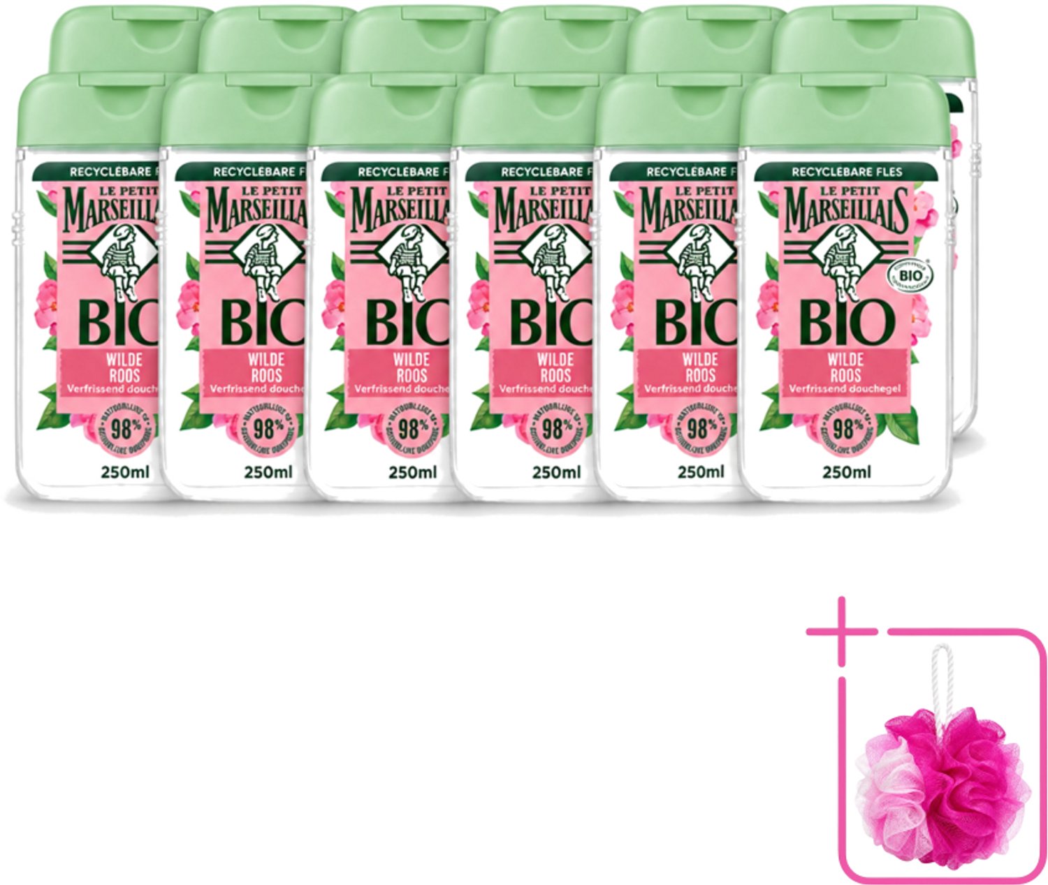 12 x Le Petit Marseillais – Douchegel – Bio Wilde Roos – Verfrissend – 250 ml - Bulkverpakking - Douchegel - Douchemop - Bio rozenbottel
