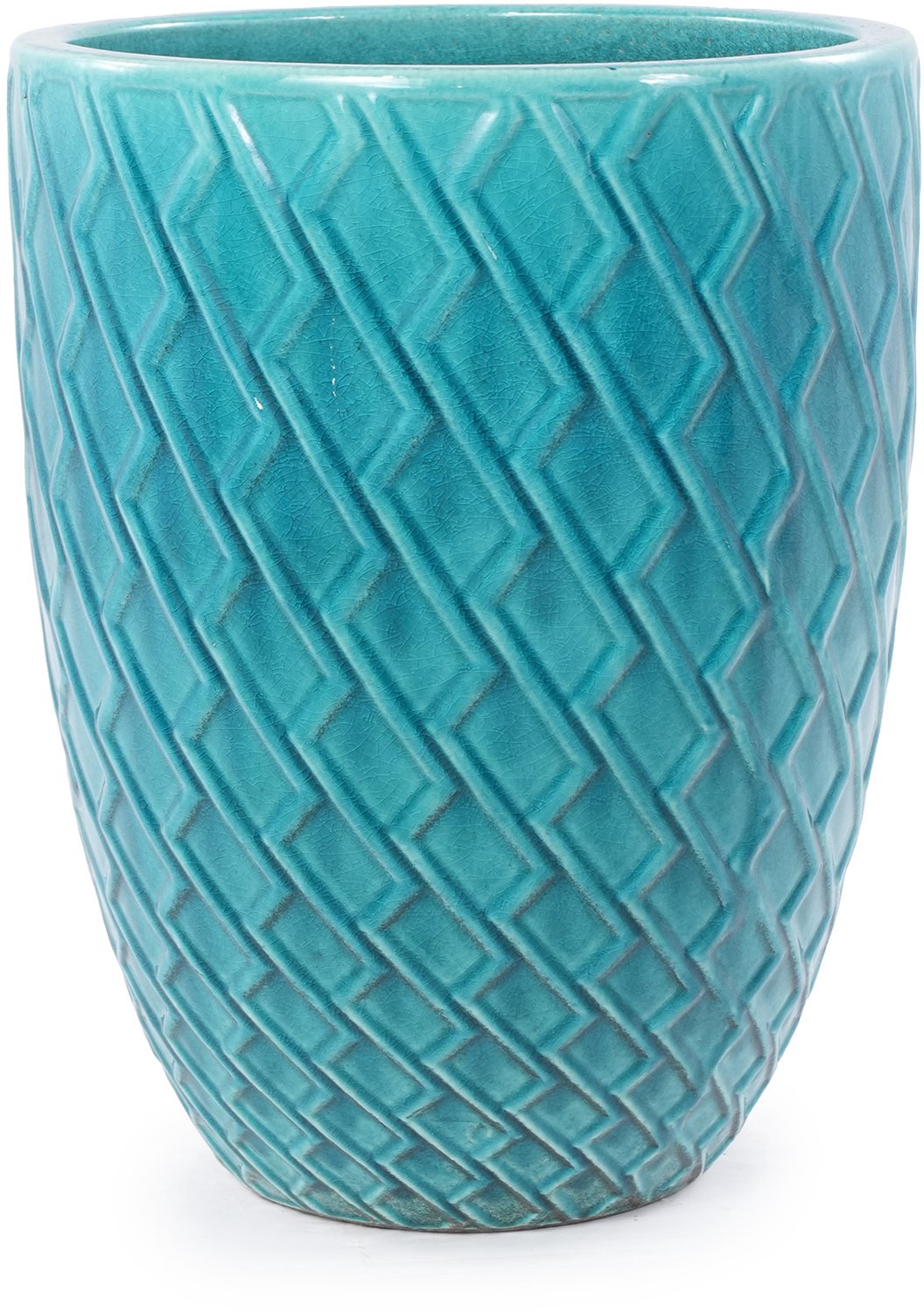 SONNENH Keramische bloempot - Ø 42 cm - 54 cm hoog - Cyaanblauwe glazuur met ruitreliëf - Afwateringsgat