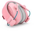 Opvouwbare roze Alpine gehoorkappen met grijze kussens en blauwe accenten.