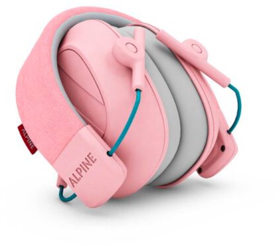 Opvouwbare roze Alpine gehoorkappen met grijze kussens en blauwe accenten.