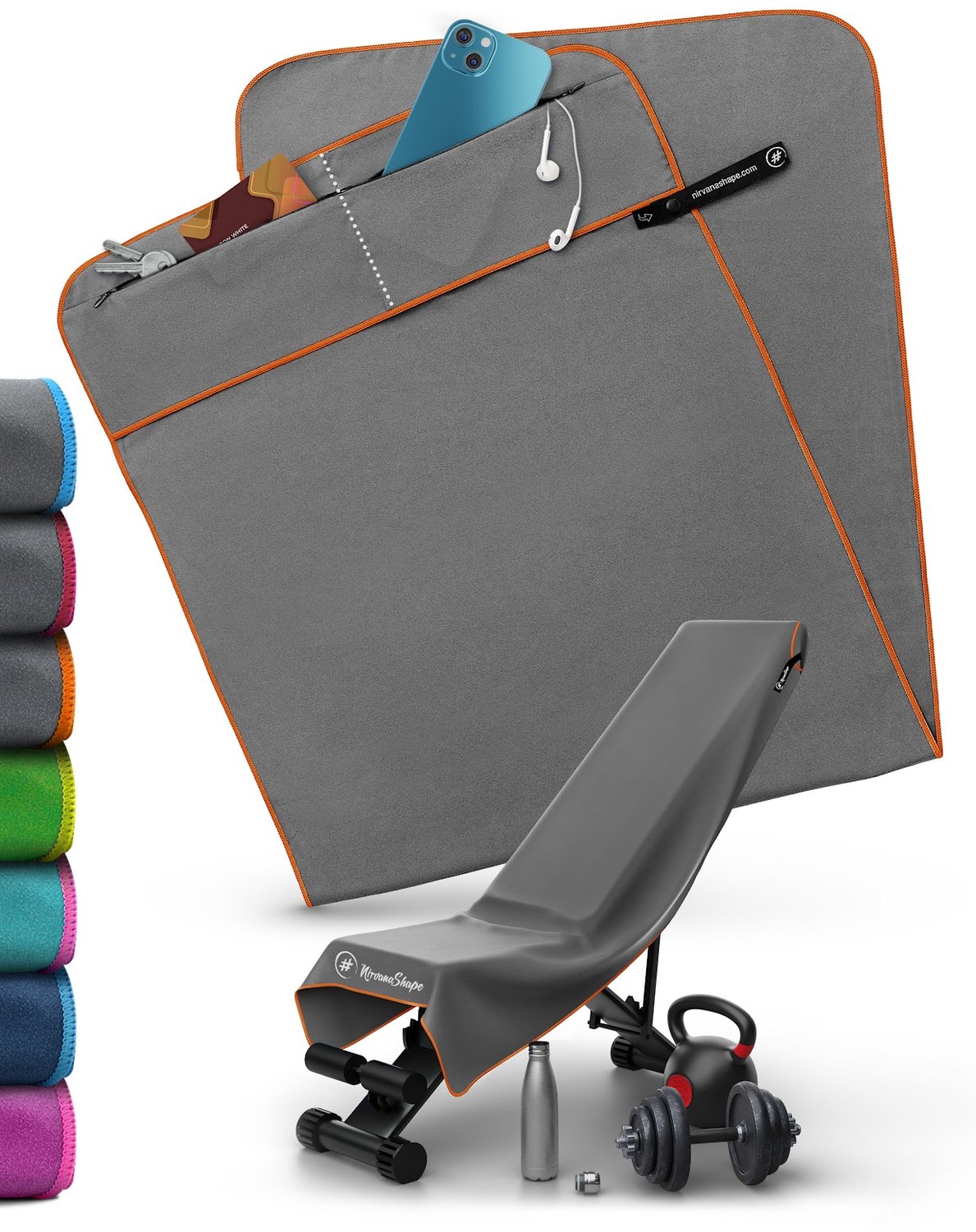 NirvanaShape - microvezel handdoek - sporthanddoek met 2 ritsvakjes - gym handdoek met verwijderbare magneetclip - compact en absorberend - 125 x 48 cm - Grijs / Oranje Rand