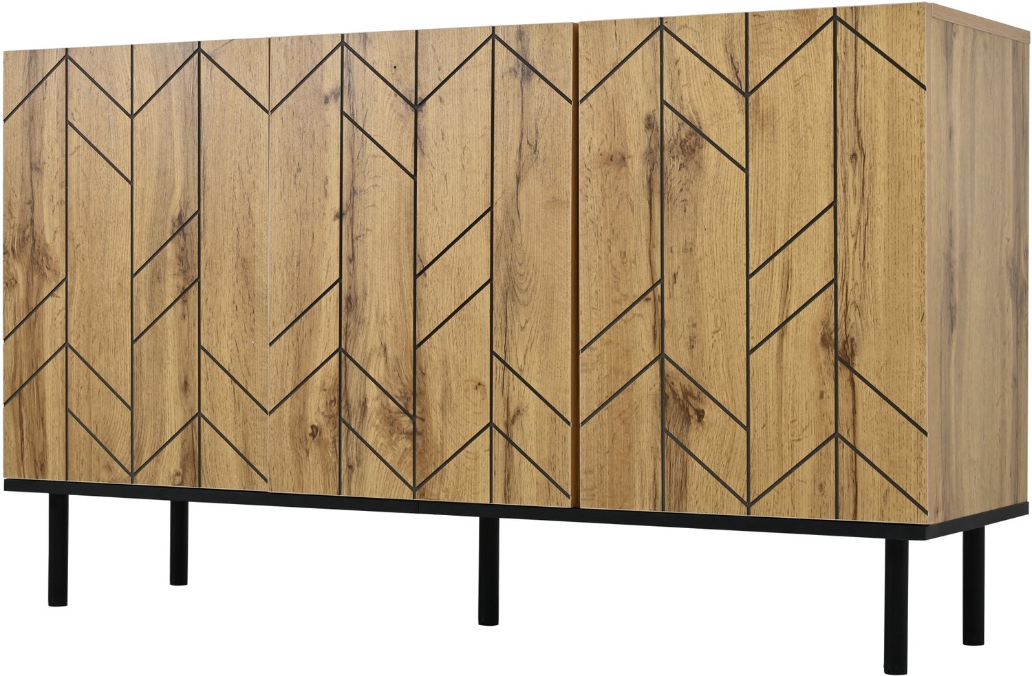 SONNENH Dressoir - Houtlook met geometrische groeven - 3 push-to-open deuren - Zwarte metalen poten - 120 x 35 x 70 cm
