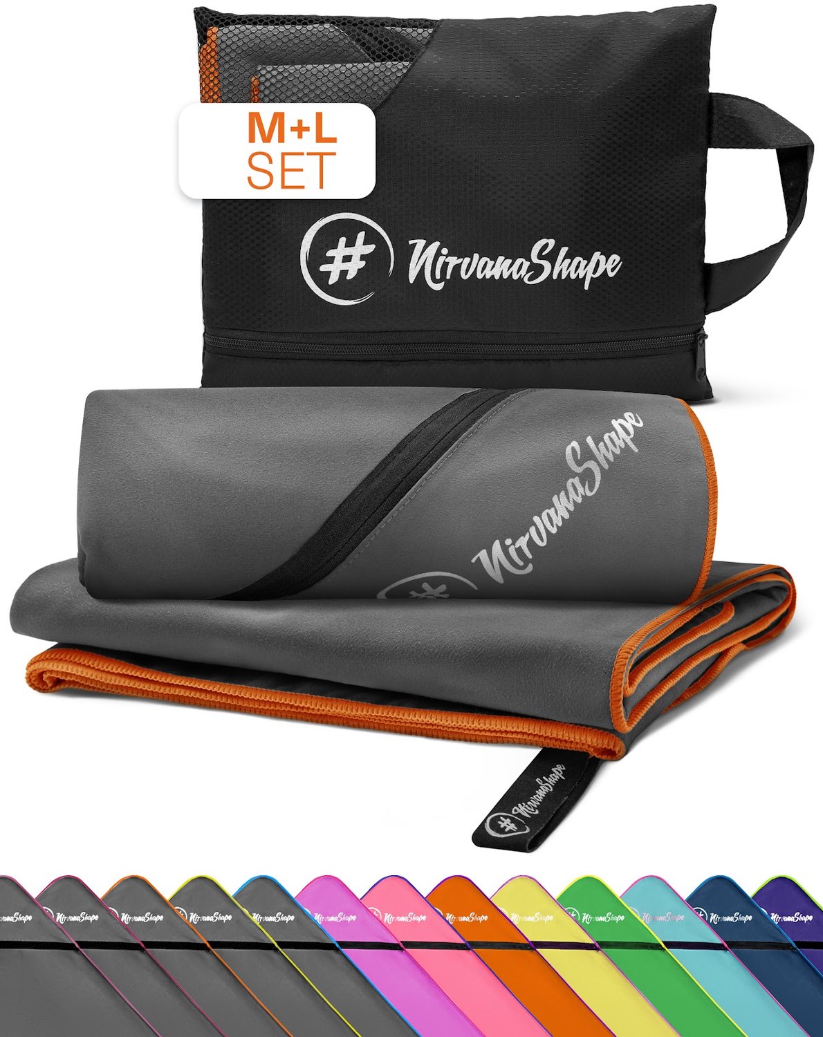 NirvanaShape - microvezel handdoek - strandlaken en badlaken - sneldrogend en absorberend - sporthanddoek met slimme hoekzak - set van 2: 140 x 70 cm + 120 x 60 cm - Grijs / Oranje Rand