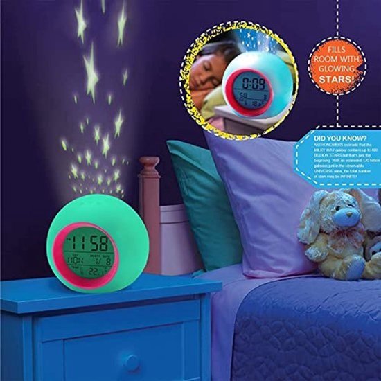 Digitale kinderwekker met licht en projectie voor jongens en meisjes - 7 kleuren, lief nachtlampje, cadeau voor kinderen — afbeelding 2