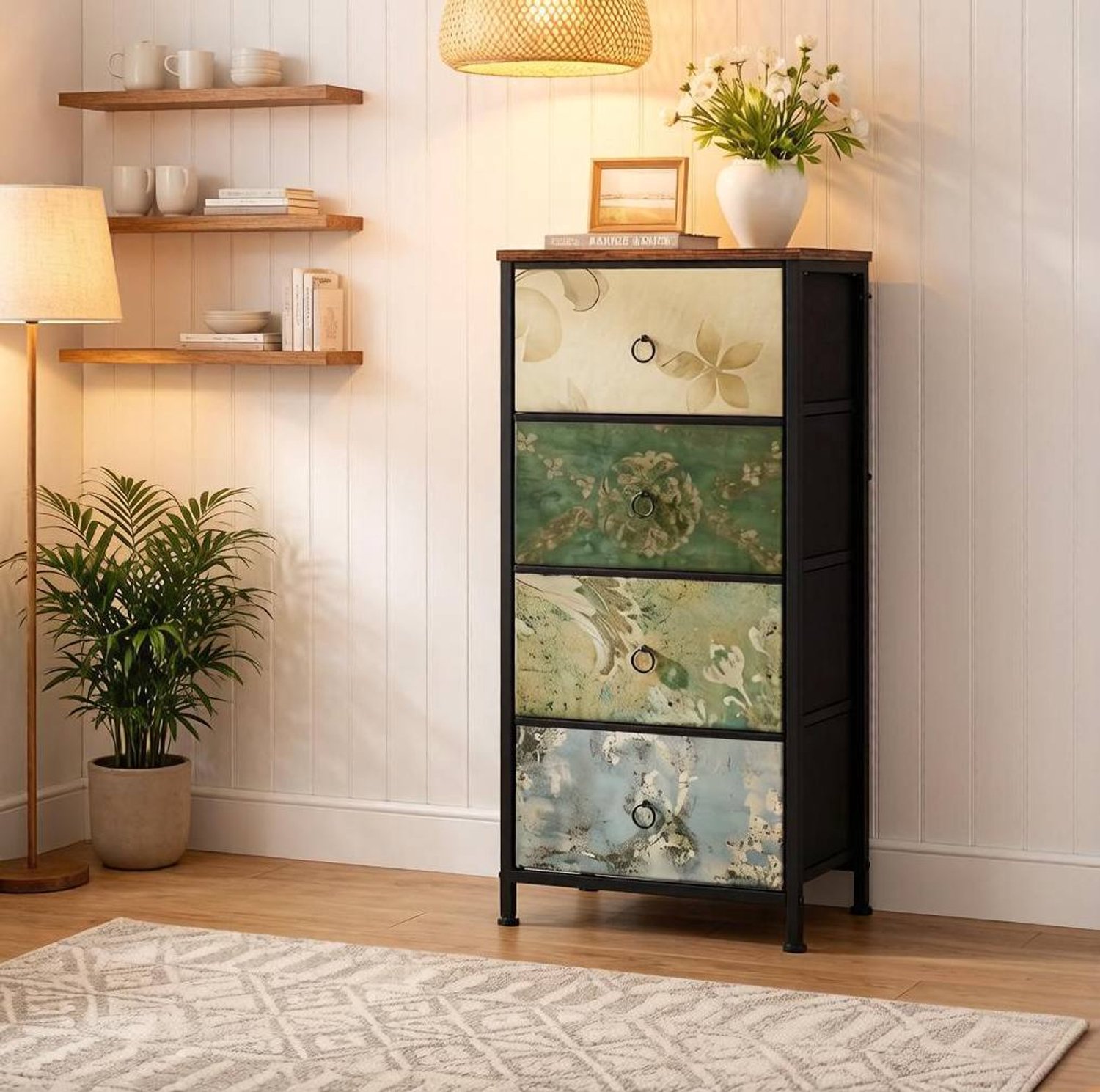 CHICFURN Ladekast - 4 lades - Opbergen - Stoffen lades - Multicolor Bruin