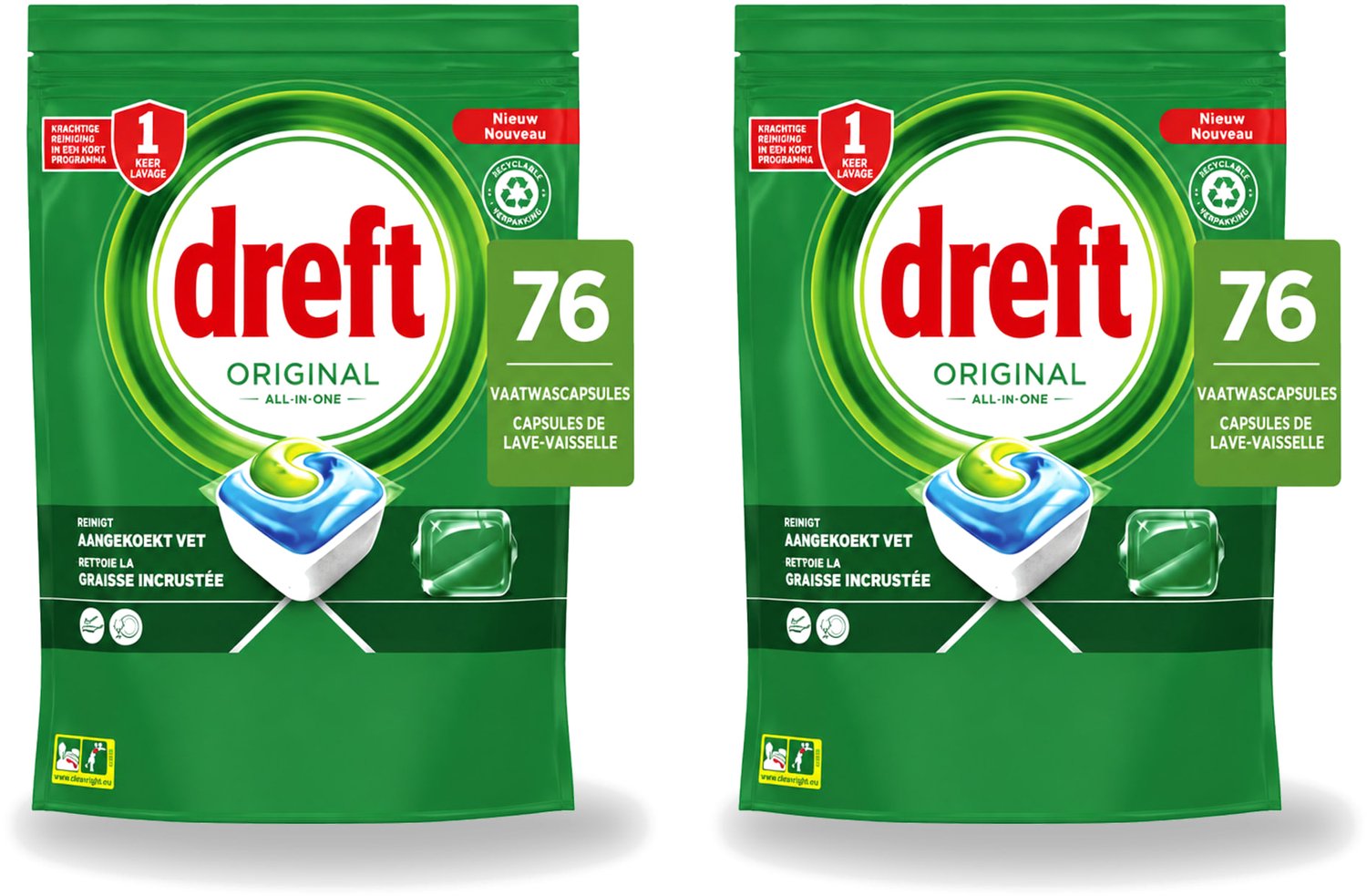 2 x Dreft – Vaatwascapsules – Original All-in-One – 76 Capsules - Voordeelverpakking - 2 stuks