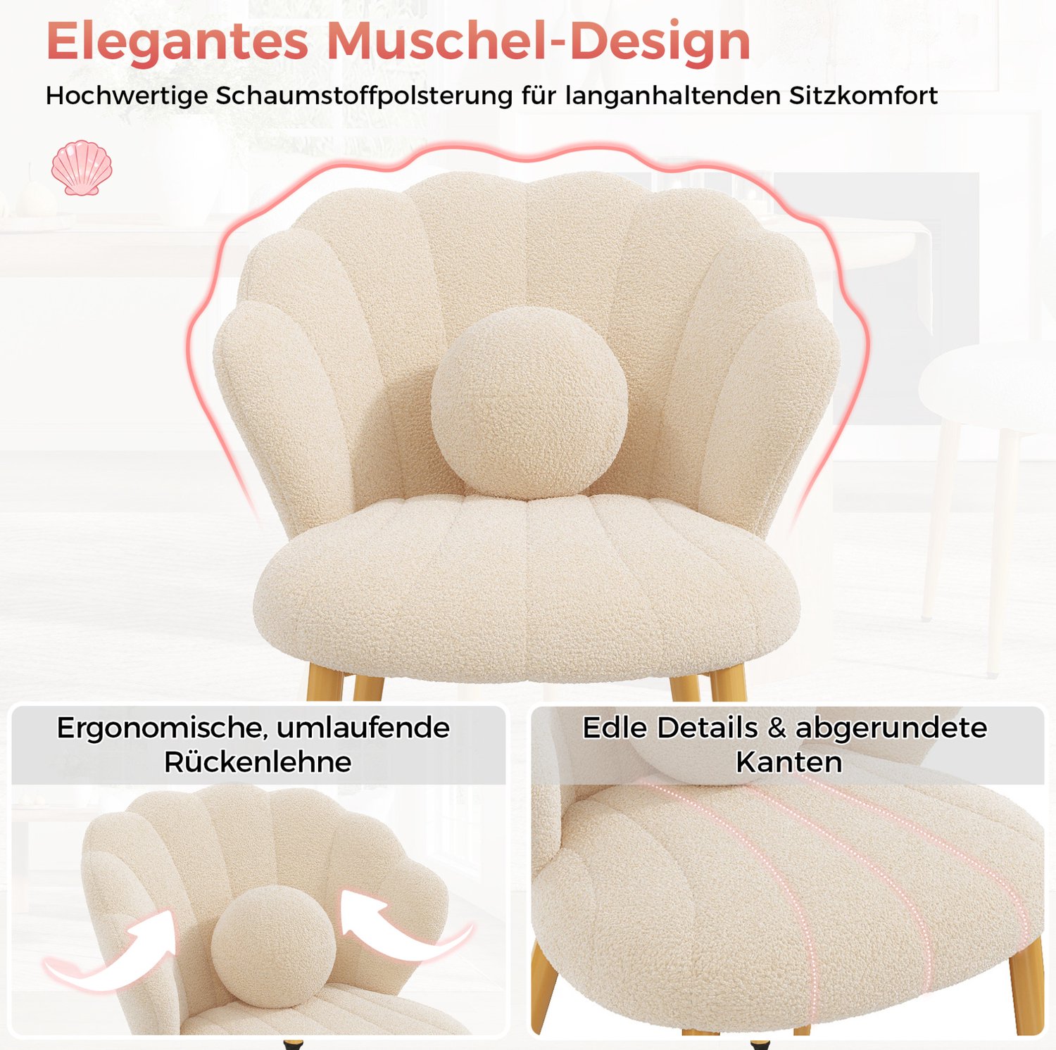 FloraGrace Eetkamerstoel 60 x 62,5 x 83 cm - Set Van 6 Met Schelpvormige Rugleuning En Kussen - Eetkamer Of Thuiswerkplek - Teddy-Stof - Beige