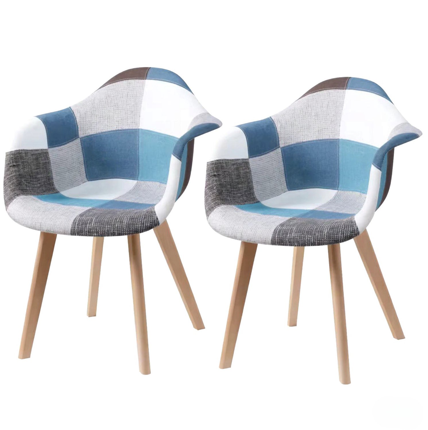 SONNENH Eetkamerstoelen set van 2 - Blauw-wit-grijs patchwork - Armleuningen - Houten poten