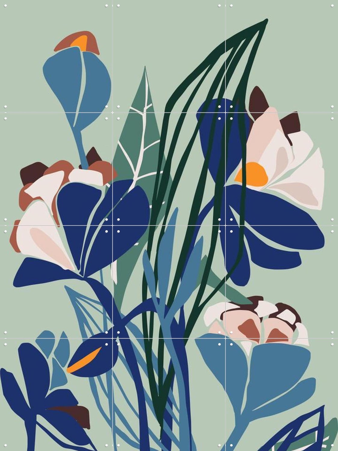 IXXI Florals At Night, Annick & Various - 60 x 80 cm - Grote wanddecoratie en posters - Modern, Speels, Geometrische Kunst, Abstract, Illustraties Groen / Blauw