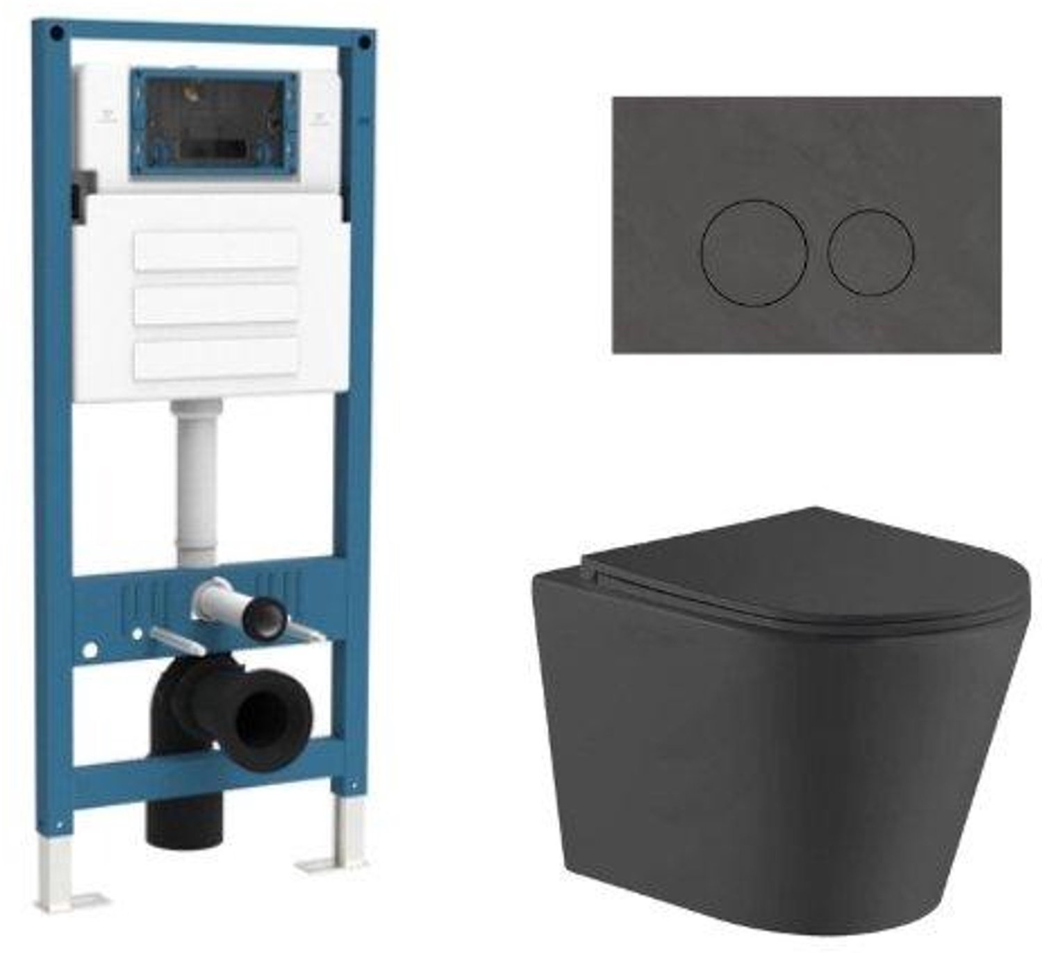 QeramiQ Dely Toiletset - inbouwreservoir Qeramiq Flush - slim zitting - natuursteen donker marmeren bedieningsplaat - ronde knoppen - mat zwart