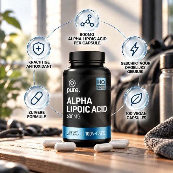 Pot Pure Alpha Lipoic Acid 600mg met 100 vegan capsules, getoond met vijf iconen voor productkenmerken.