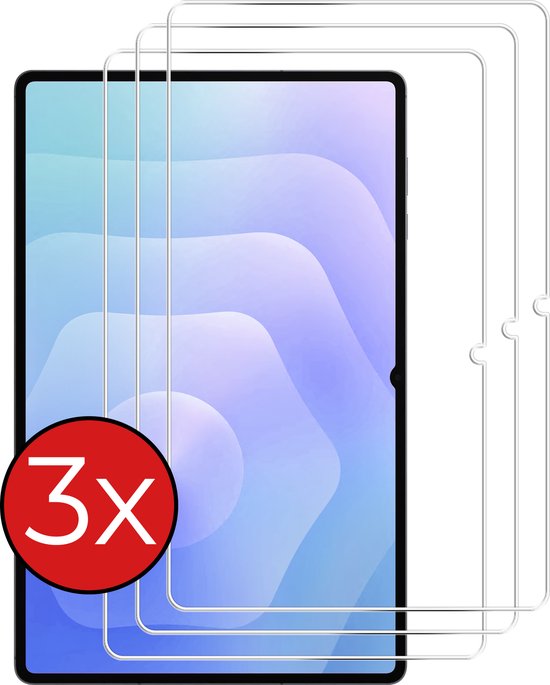 Verpakking met 3 stuks transparante screenprotectors voor de tablet.
