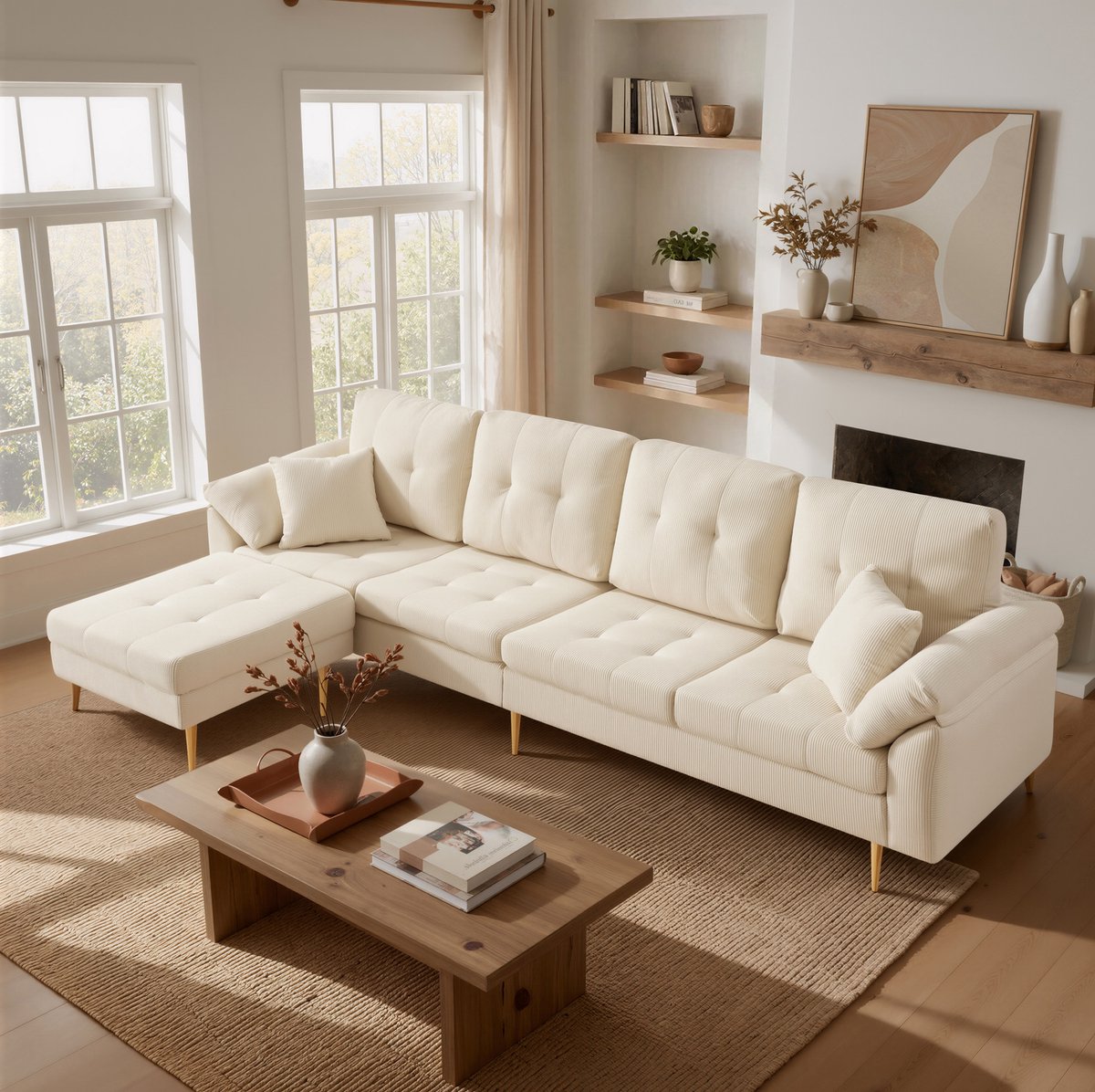 STILVORA Hoekbank 250 Cm - 4-Zits Met Verplaatsbare Hocker Voor Linkse Of Rechtse L-Vorm - Woonkamer - Ribfluweel Lichtbeige