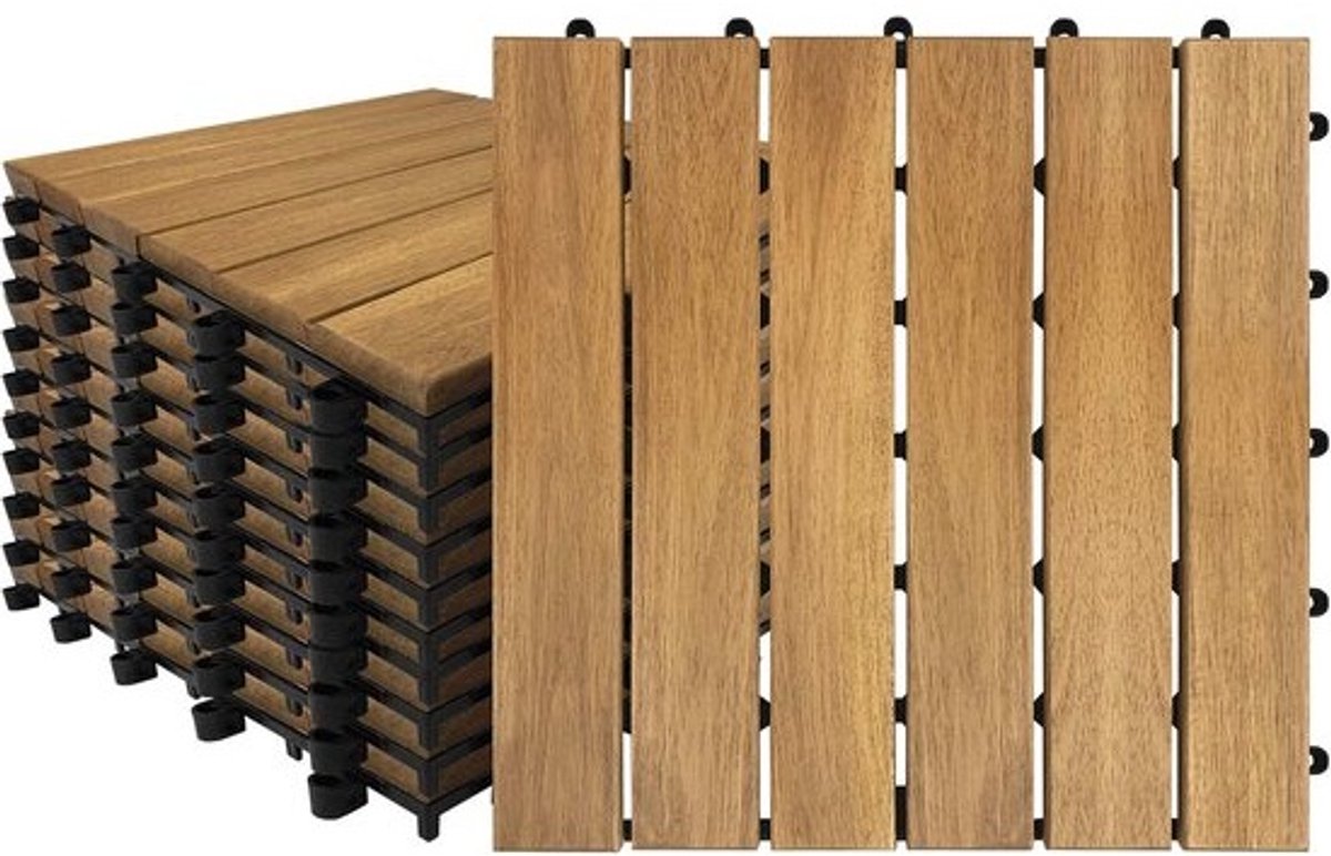 Houten terrastegels - Acaciahout - Buiten leven - Kliksysteem - met drainage - 30x30 cm - 22 stuks - Bruin