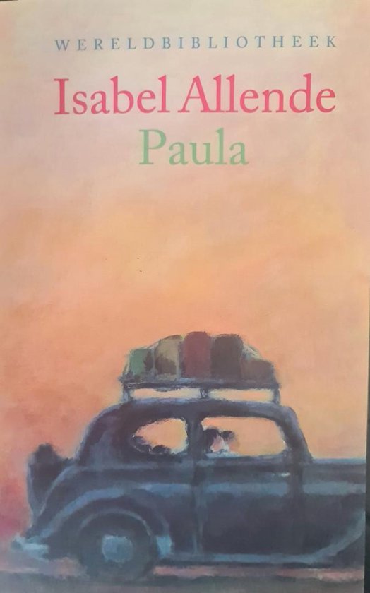 Boek 'Paula' van Isabel Allende met een illustratie van een auto met bagage op het dak.