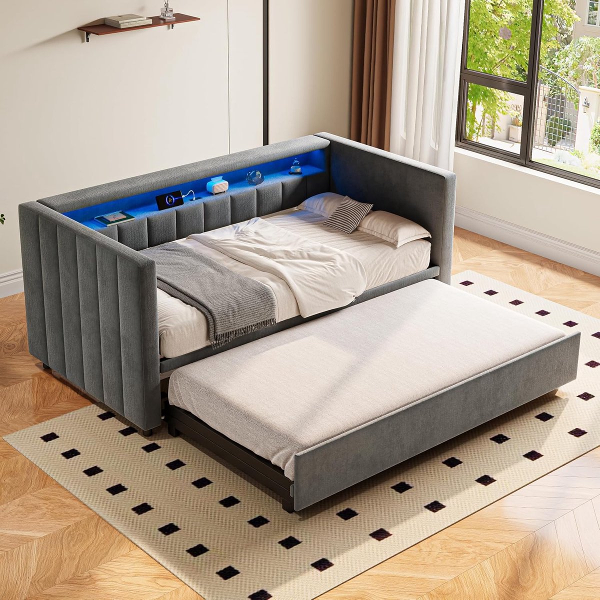 Slaapbank, 90 x 190 cm, van fluweel, met uittrekbed, USB-C-aansluiting, L-E-D-verlichting en opbergruimte, modern dagbed voor woonkamer, logeerkamer en tienerkamer