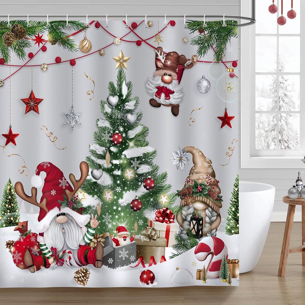 Douchegordijn Kerst Gnoom 180 x 180 cm - Waterproof Polyester - Schimmelbestendig - Cheerful sfeer voor badkamer - ShopVlot