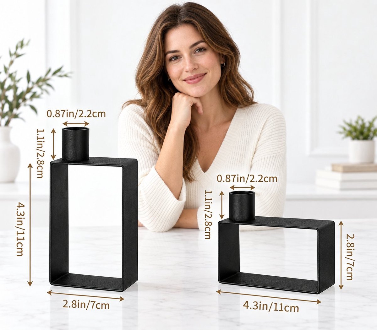 R&H® Kandelaar set van 2 – Zwarte metalen staafkaarsenhouders – Geometrisch rechthoekig – Modern minimalistisch – Hoogte 11 cm – Voor woonkamer, eetkamer en als cadeau