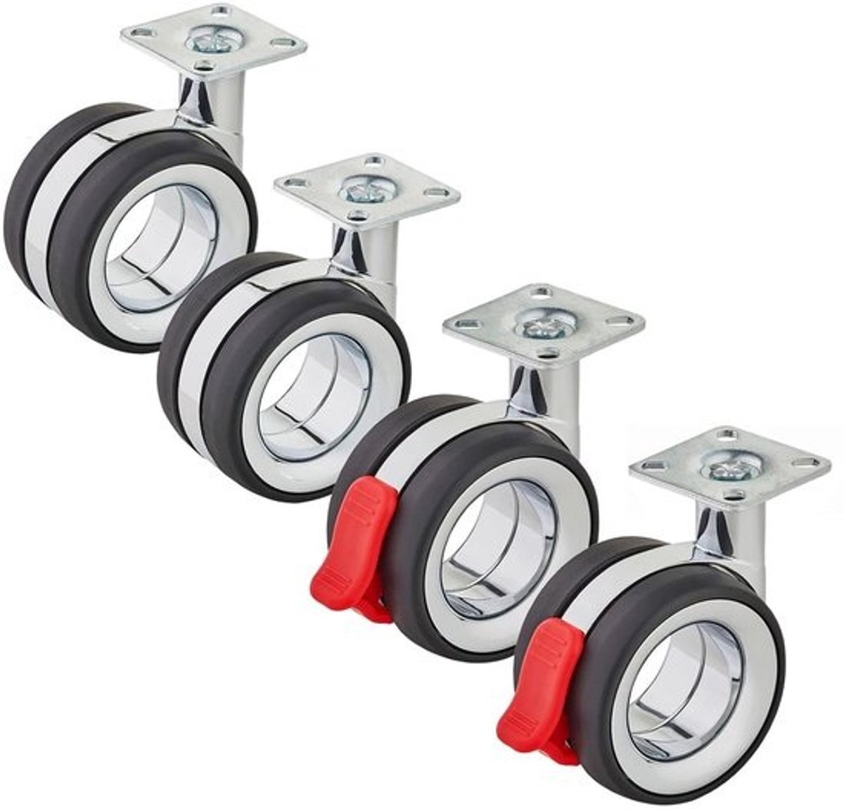 Set meubelwielen - Transportwielen - Zwenkwielen - Voor het verplaatsen van meubels - Met rem - Ø 75 mm - Chroom en zwart