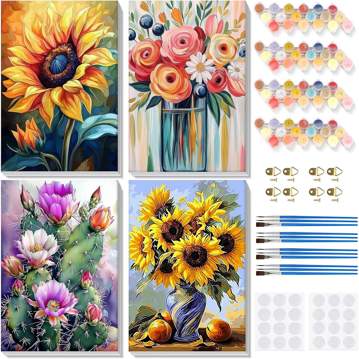 Schilderen op nummer volwassenen - 4 stuks met frame - bloemen - creatief ontspannend - ShopVlot