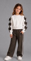 Meisjes Set 2-Delig – Sweater met Strikjes & Wijde Broek – Comfy Chique Kinderoutfit – Bruin/Wit - maat 158/164
