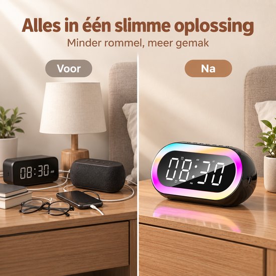 Multifunctionele klok - Draagbare luidspreker - Bluetooth - FM radio - 5 in 1 - Digitale wekker - Temperatuurweergave - Oplaadbaar - Sfeerverlichting - Zwart — afbeelding 3