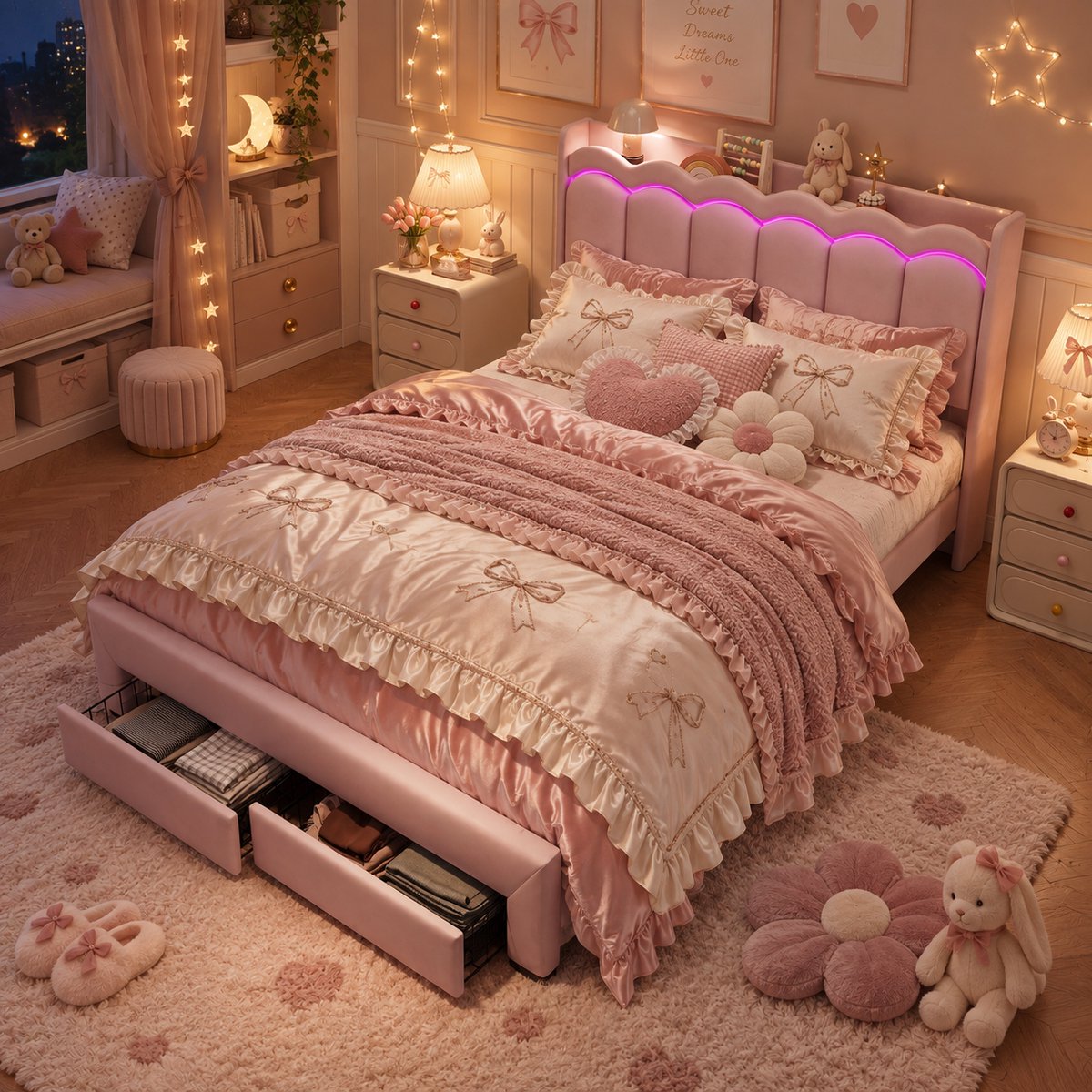 Welltin Kinderbed 140x200 cm - Tweepersoonsbed - Prinsessenbed - Gestoffeerd bed - Multifunctioneel bed - Opbergbed - Met lades - Met hoofdbord - Met led-lichtstrip - Flueel - Stevige constructie - Roze