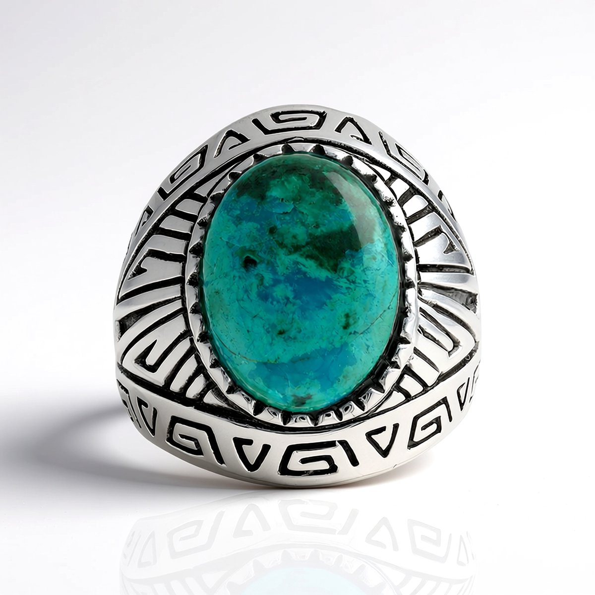 Cavill - Zilveren Ring 925 Sterling Zilver - 5,22 ct Chrysocolla Ovaal Cabochon - Geoxideerd - Bohemian Design - Handgemaakt Zuid-Afrika