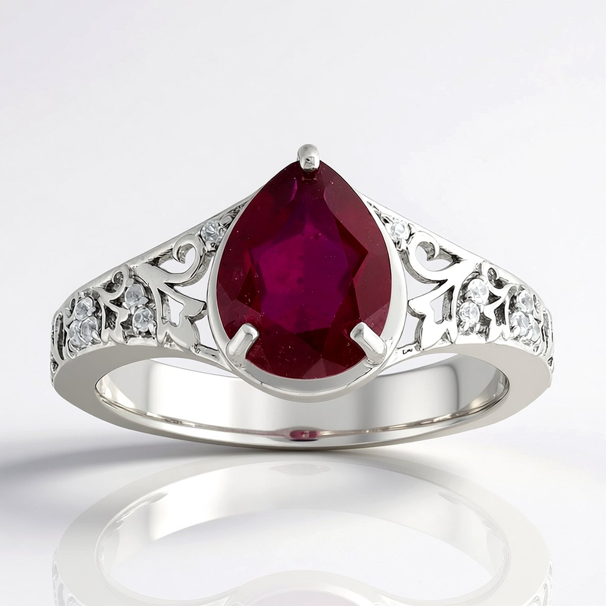 Cavill - Zilveren ring met platina coating - Peervormige Madagaskar Robijn 2,03 ct - 12 Cambodjaanse Zirkonia's - Elegante damesring cocktailring