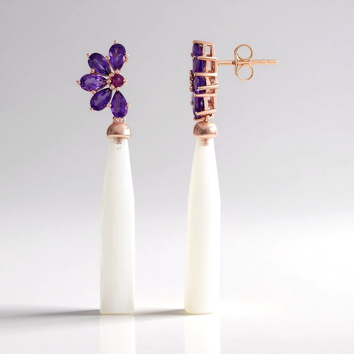 Cavill - 925 Sterling Zilver Roségoud Verguld - Oorbellen met Witte Chalcedoon 17,1ct & Amethist Peervorm 2,25ct Elegante Sieraden