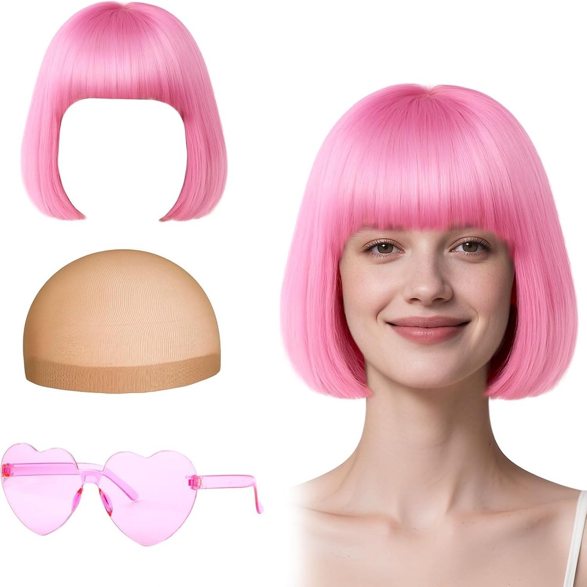 Kleurrijke Cosplay Pruik met Zonnebril voor Feestjes, Halloween Kostuums en Neon Decoraties - Perfect voor Hens Parties en Thematische Evenementen (Roze)